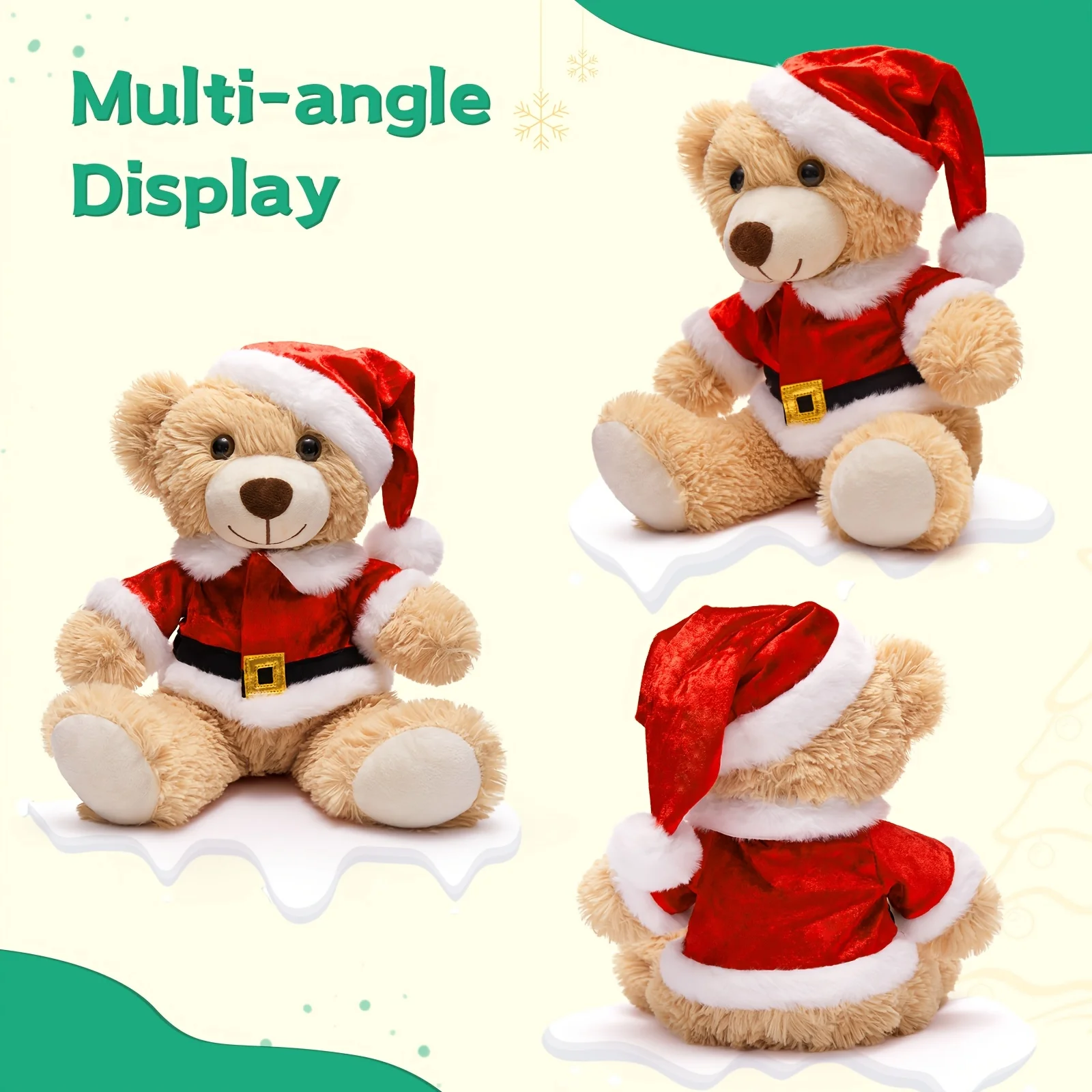 Weihnachts-Teddybär-Kuscheltier – 13,8 Zoll hellbrauner Polyesterfaser-Plüschbär mit Weihnachtsmann-Outfit, Geschenk für Kinder ab 3 Jahren