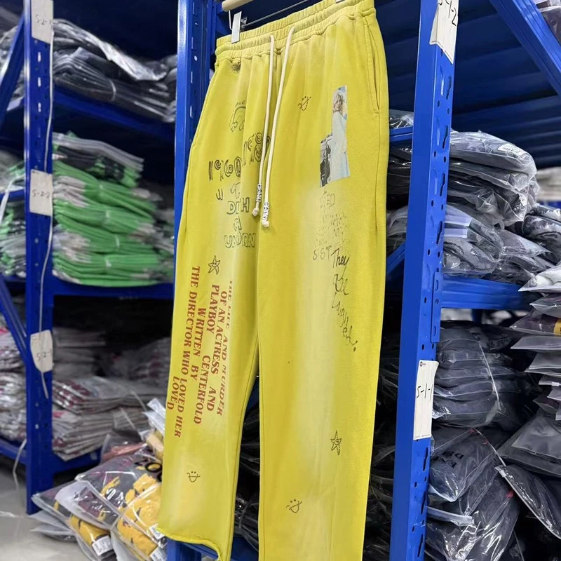 Paly Yellow Graffiti Print Sweatpants High Quality Men Women Washed Drawstring Trousers Streetwear