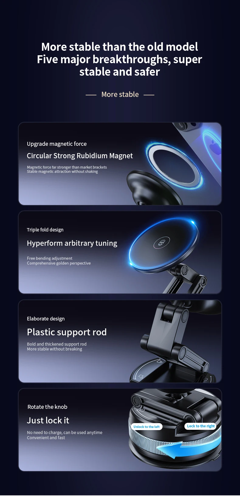 Magnetischer Autotelefonhalter mit Vakuumsaugung, universelle faltbare, ausziehbare Halterung für alle Smartphones, Windschutzscheiben-Armaturenbrett – Detail 3