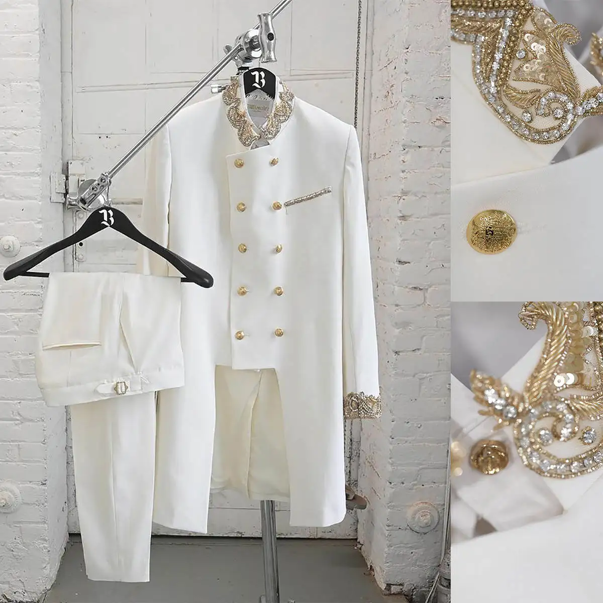 

Fashion Men Suits 2 Piece Jacket Pants Double Breasted Crystal Beading Wedding Groom Tuxedo Party Wear Custom Made