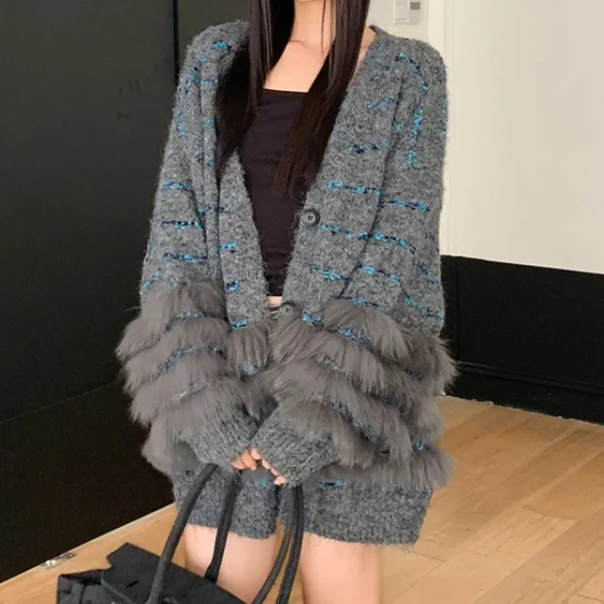 Women Knitted Cardigan Sweaters Patchwork Jumpers V Neck Button Long Sleeves Mid Length Casual Office Lady 2025 Autumn Winter