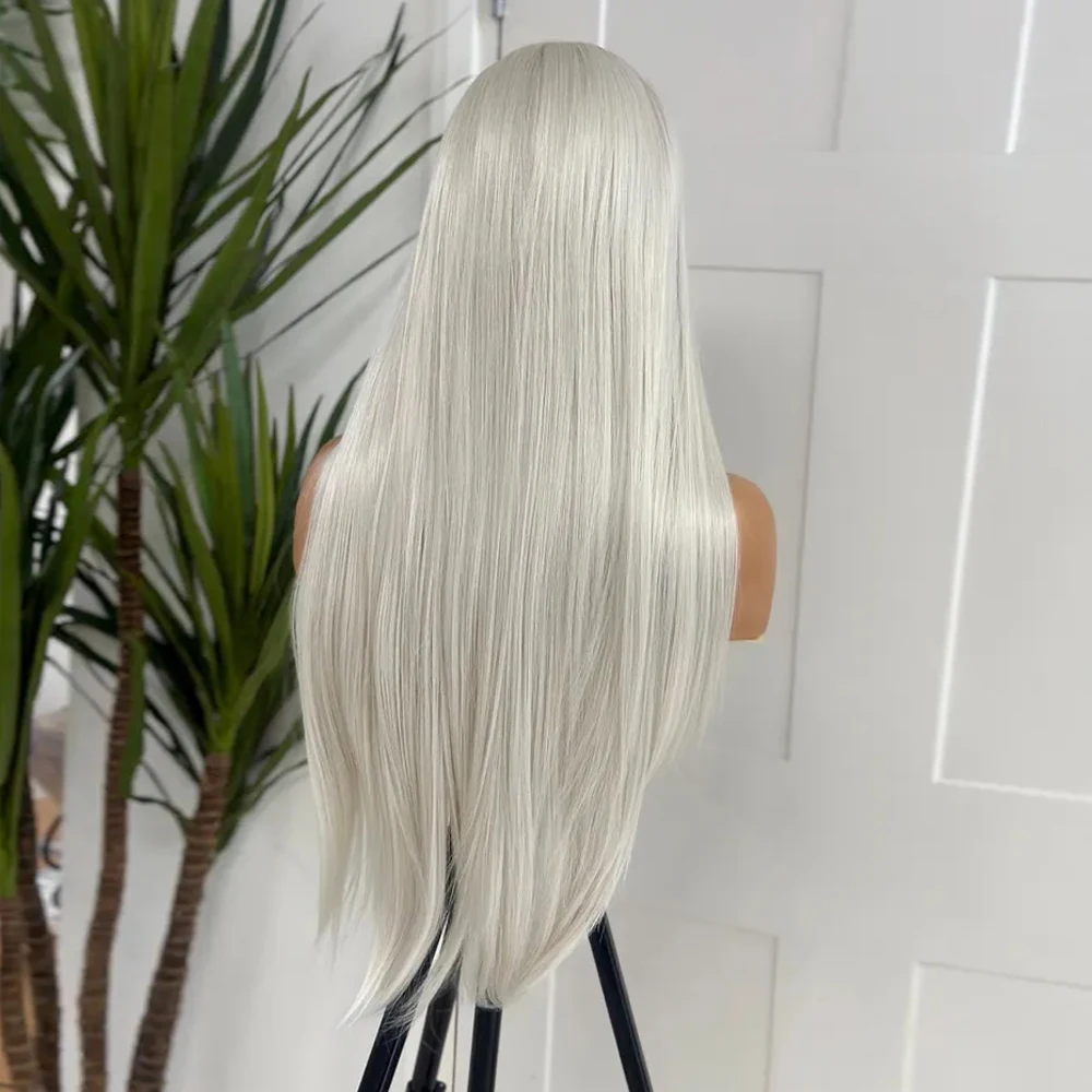 Rambut palsu perak 13x4 renda lurus Wig depan trendi panjang setengah tangan Wig untuk wanita tahan panas 60 # rambut sintetis 26 inci