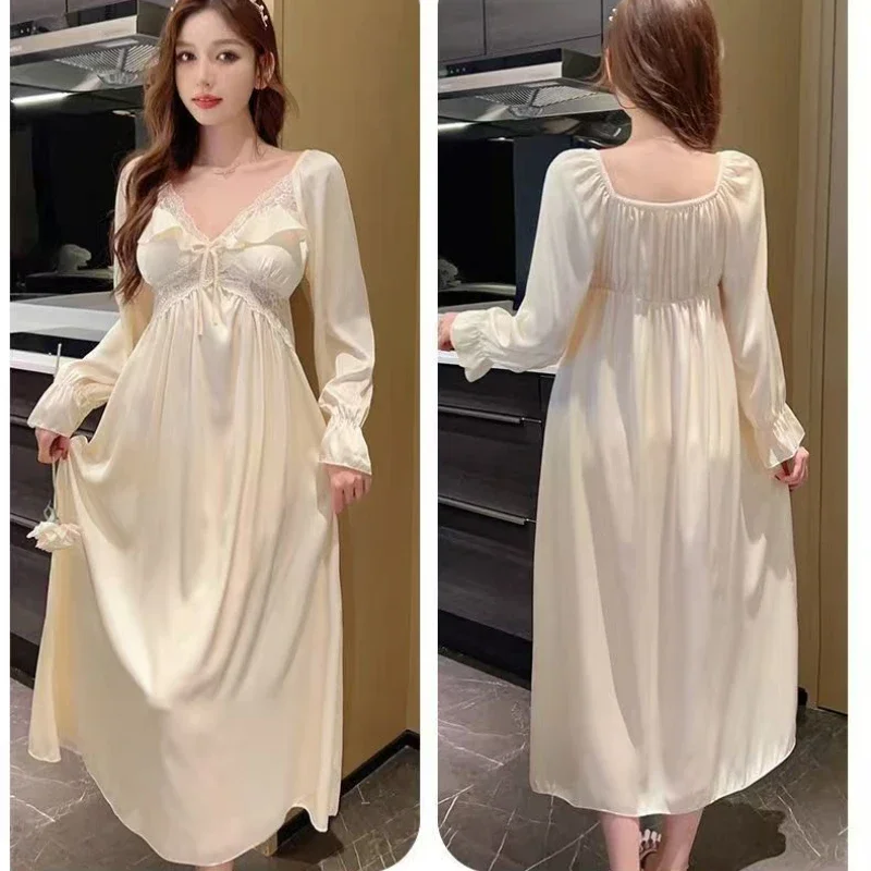 Morning Robe Women\'s Nightgown Long Sleeved Long Style with Chest Cushion Ice Silk Nightgown Women\'s Autumn New Long Skirt 2025