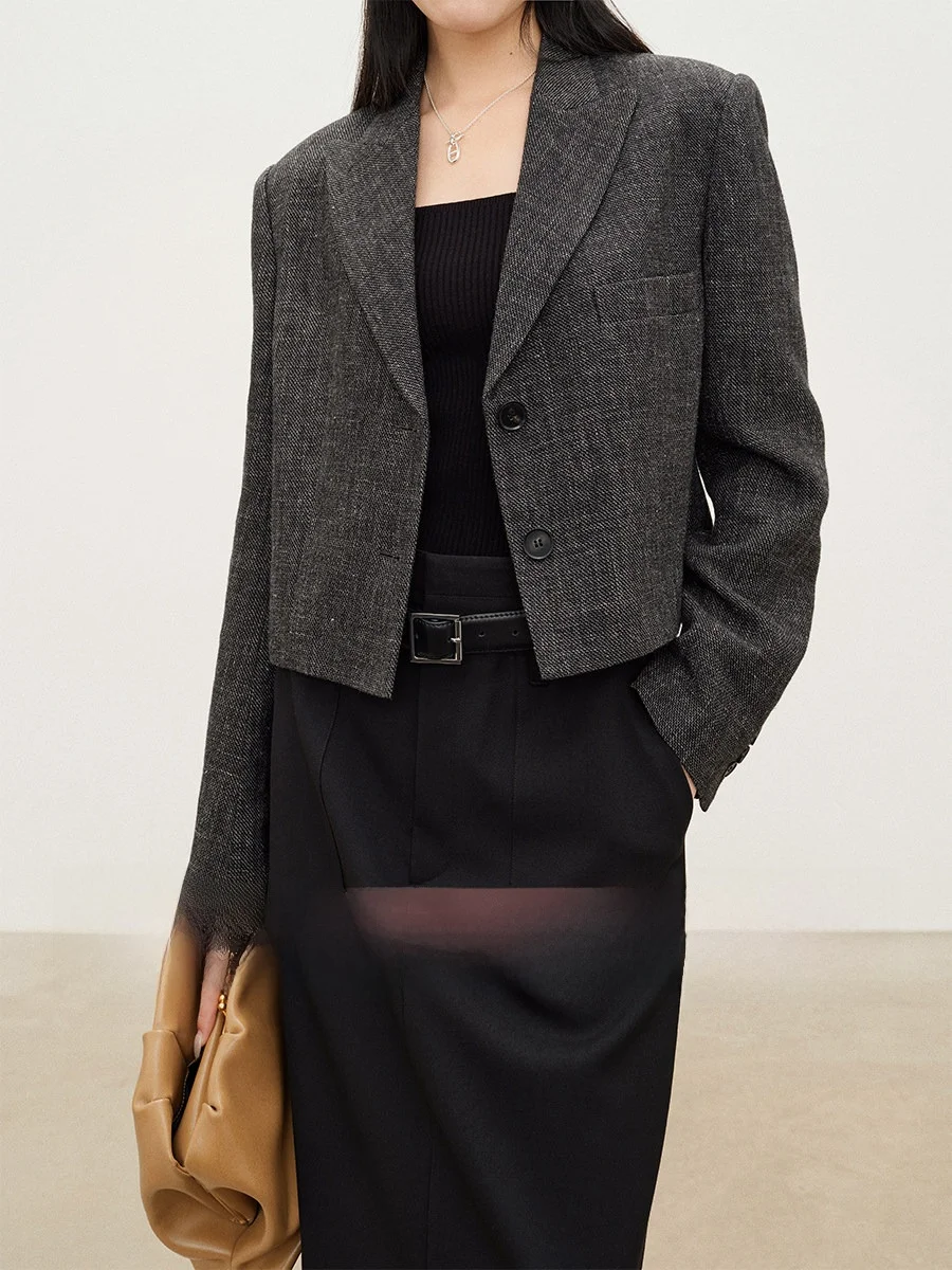 Amyy Studios Vintage Woolen Short Suit Elegant Commute Style Women's Fashion Straight Cut Long Sleeve Single Button Pure Color