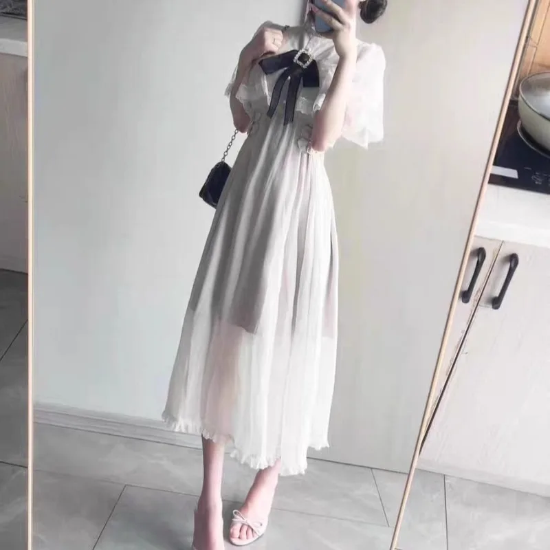 Sukienka patchworkowa z wysokim stanem, słodka i urocza, japoński styl smock, rękaw do połowy, koronkowa peleryna, vestidos, styl preppy, kokarda, mocno podkreślająca talię, nowa kolekcja mujer.