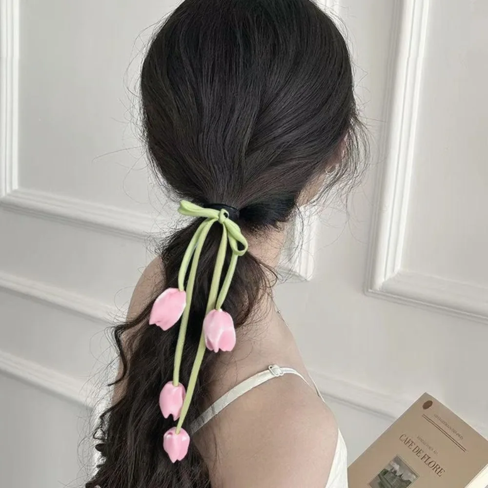 Sweet Tassels Tulip Hair Rope Cloth Bowknot Flower Hair Ring Hair Accessories Headdress Elastic HairBand Women