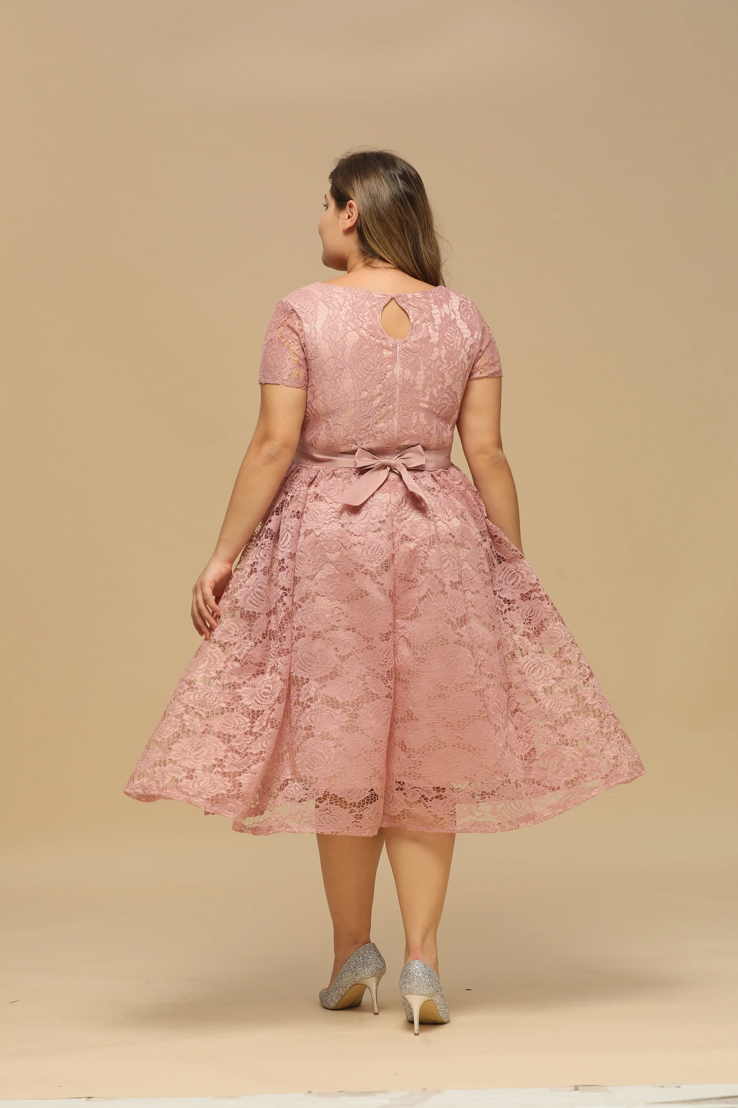 Misshow-Robe à fleurs style Boho pour femmes, grande taille 3XL, avec ceinture, manches courtes, ajourée, en dentelle, rose, pour noël et nouvel an