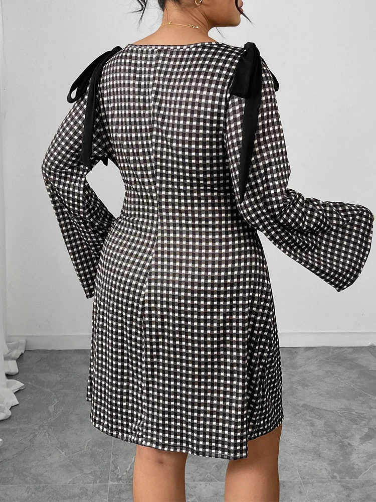 GIBSIE Plus Size Contrast Bow Plaid Long Sleeve Spring Dress Women 2026 New Sweet Retro Round Neck Casual A-line Mini Dresses