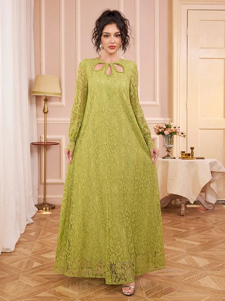 

TOLEEN Women's Round Neck, Hollow Neckline Design, Pearl Details, Beaded Craftsmanship, Elegant Long Sleeve Lace Dresses Spring