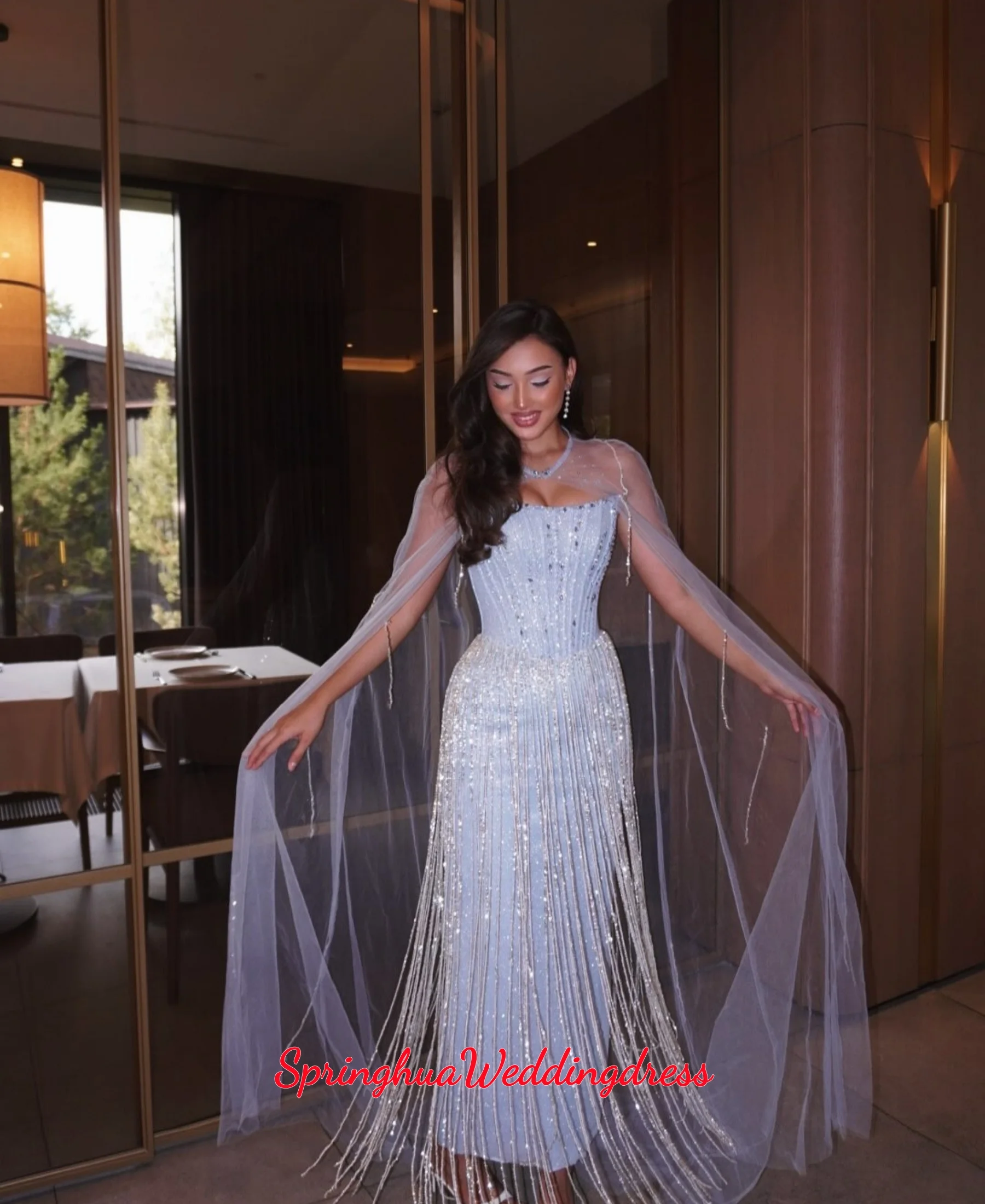 Customzied Luxury Column Strapless Evening dresses  Beaded Tassel Hem luxury women's formal evening gowns Vestidos De Novia