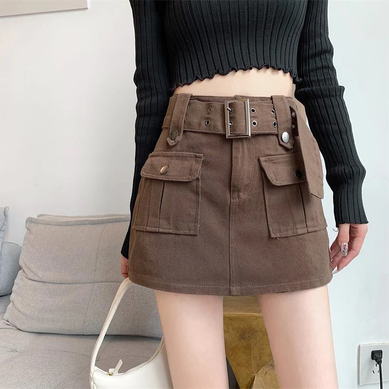 

Gidyq Y2K High Waisted A Line Shorts Skirt Women Korean Streetwear High Street Mini Skirts Ladies Sashes Cargo Skirts Summer New