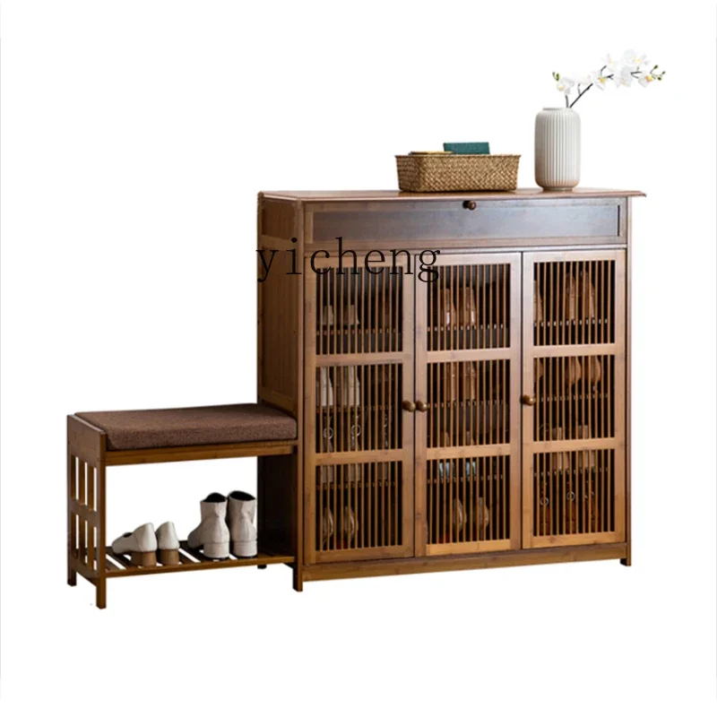 

Entrance Shoe Cabinet with Stool Can Sit on the Corridor Outdoor Aisle Close Cabinet Stool Integrated Bamboo