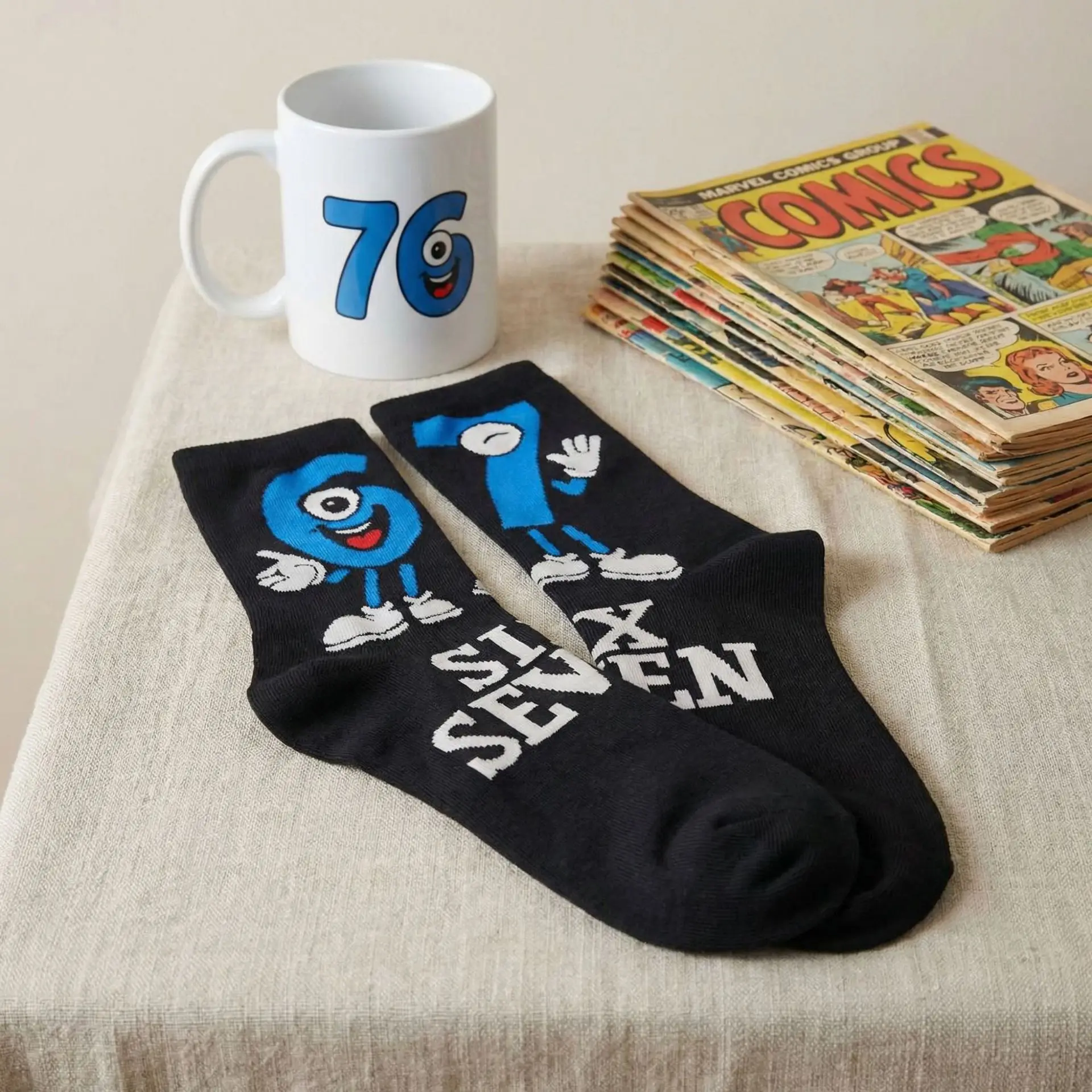 Cross Border New Arrival 67 Cartoon Number Socks Funny Letter Mens Mid Calf Socks