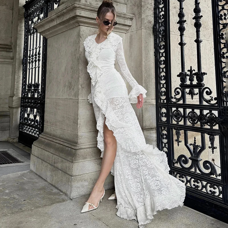 

Ticketsx Irregularly Lace Print Dress Women's Hollow Out O Neck Flared Sleeves Patchwork Long Dress Lady Evening Party Dresses