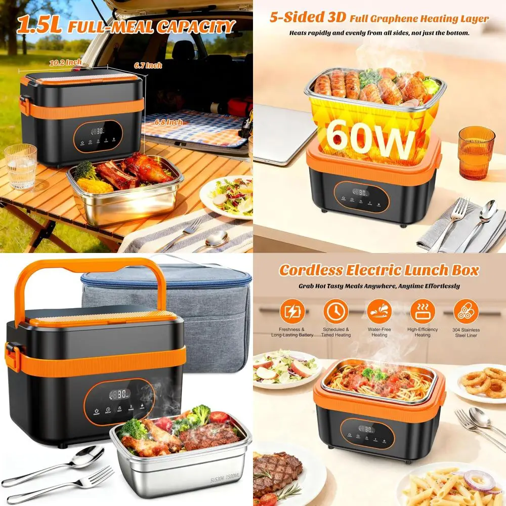 

1.5L Portable Graphene Heating Lunch Box with Smart Timer, Rechargeable for Work, Travel, and Outdoors
