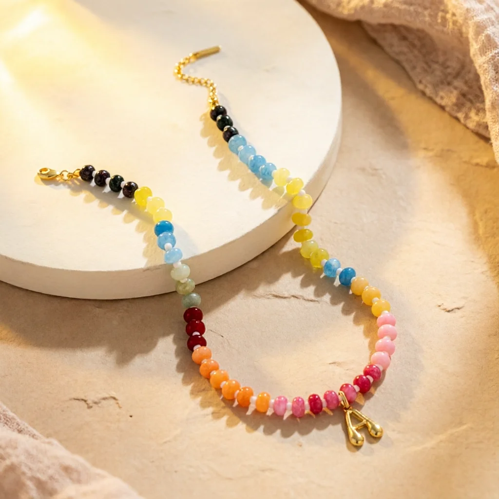 14K Gold-Plated Bubble Letter Personalized Colored Crystal Beaded Pendant for Women and Girls, Ideal Birthday Gift