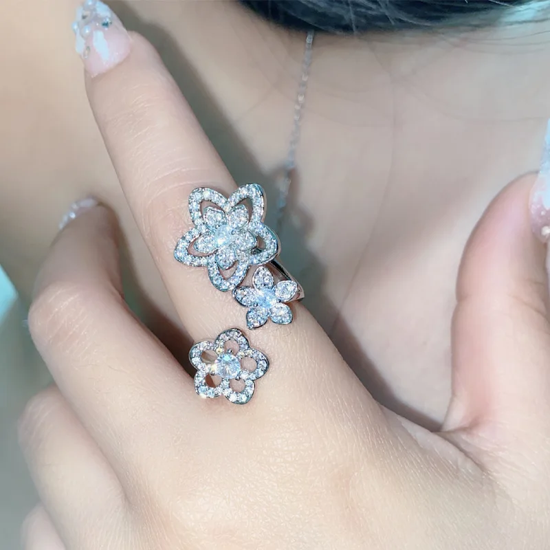 خاتم MDLFES مويسان الماسي على شكل زهرة العالم مطلي بالذهب عيار 18 قيراط أزياء الزركونيوم الرائعة متعددة القطع