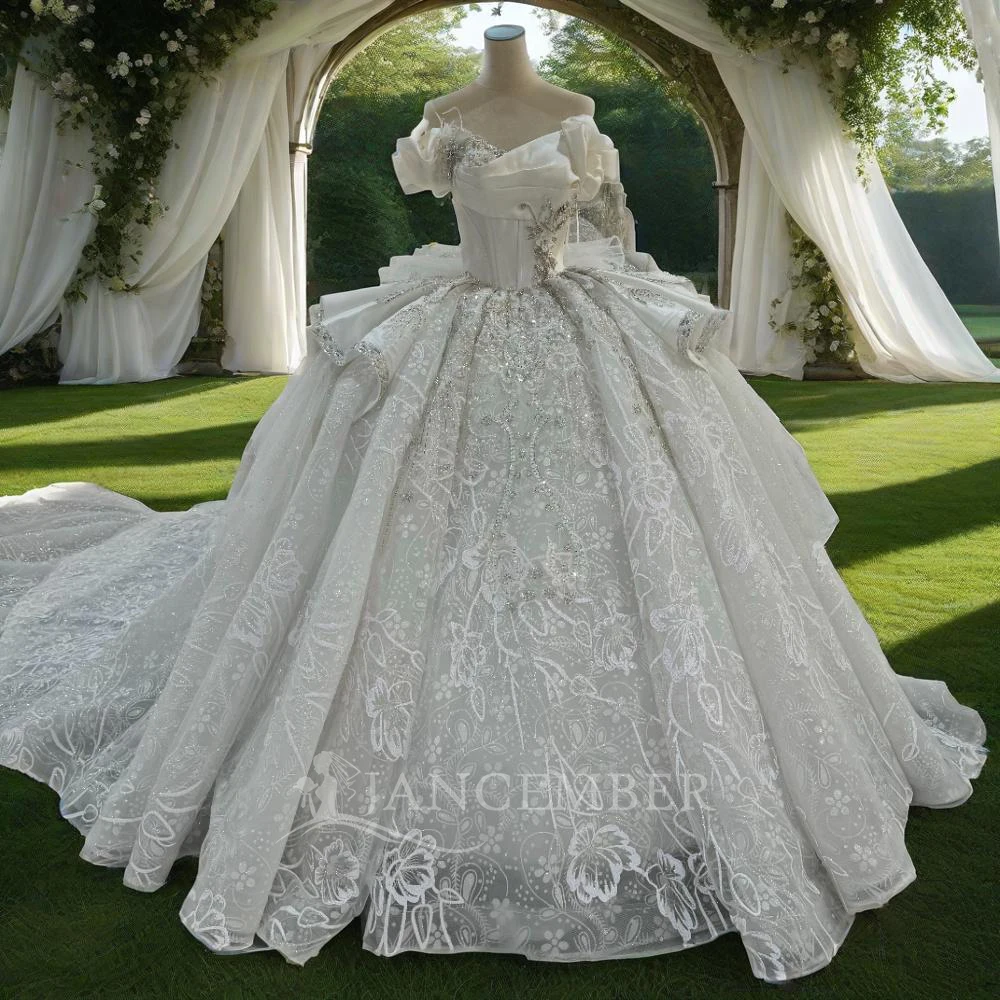 

Jancember International Short Sleeve Wedding Dress 2025 Beaded Ball Gown Court Train Bride Princess Vestido De Novia MN230