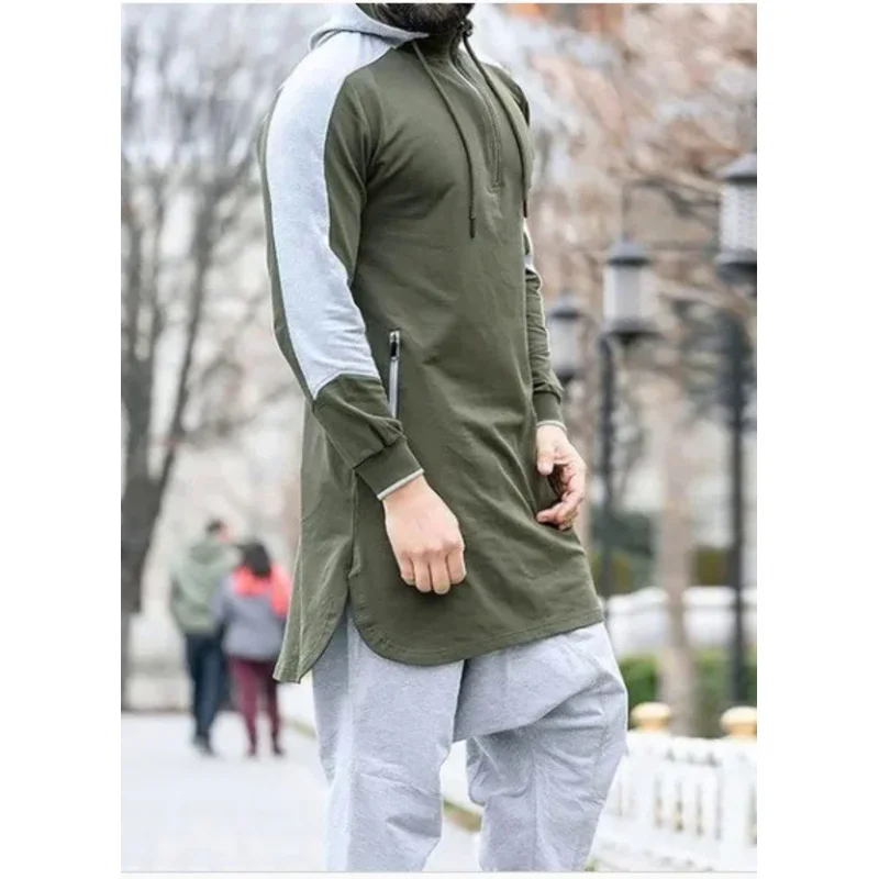 Hooded Men Muslim Jubba Thobe Patchwork Islamic Clothing Long Sleeve Dubai Kaftan Male Saudi Arabia Shirt Plus Size 3XL 4XL