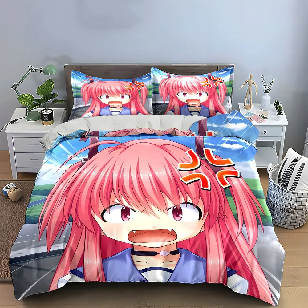 3Pcs Angry Pink Hair Anime Girl Duvet Cover Set, Japanese Cartoon Teen Bedding Includes 1 Duvet Cover And 2 Pillowcase, Gift
