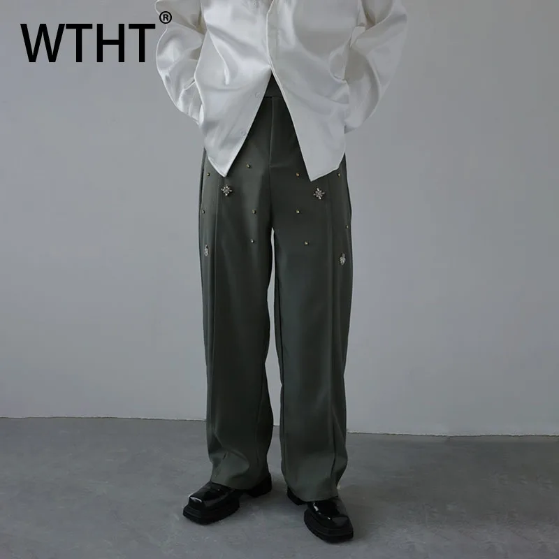WTHT Trendy Men’s Spliced Diamond Pleated Design Blazer Pants Fashion High-waisted Solid Color Trousers Male 2025 Autumn 2A2095