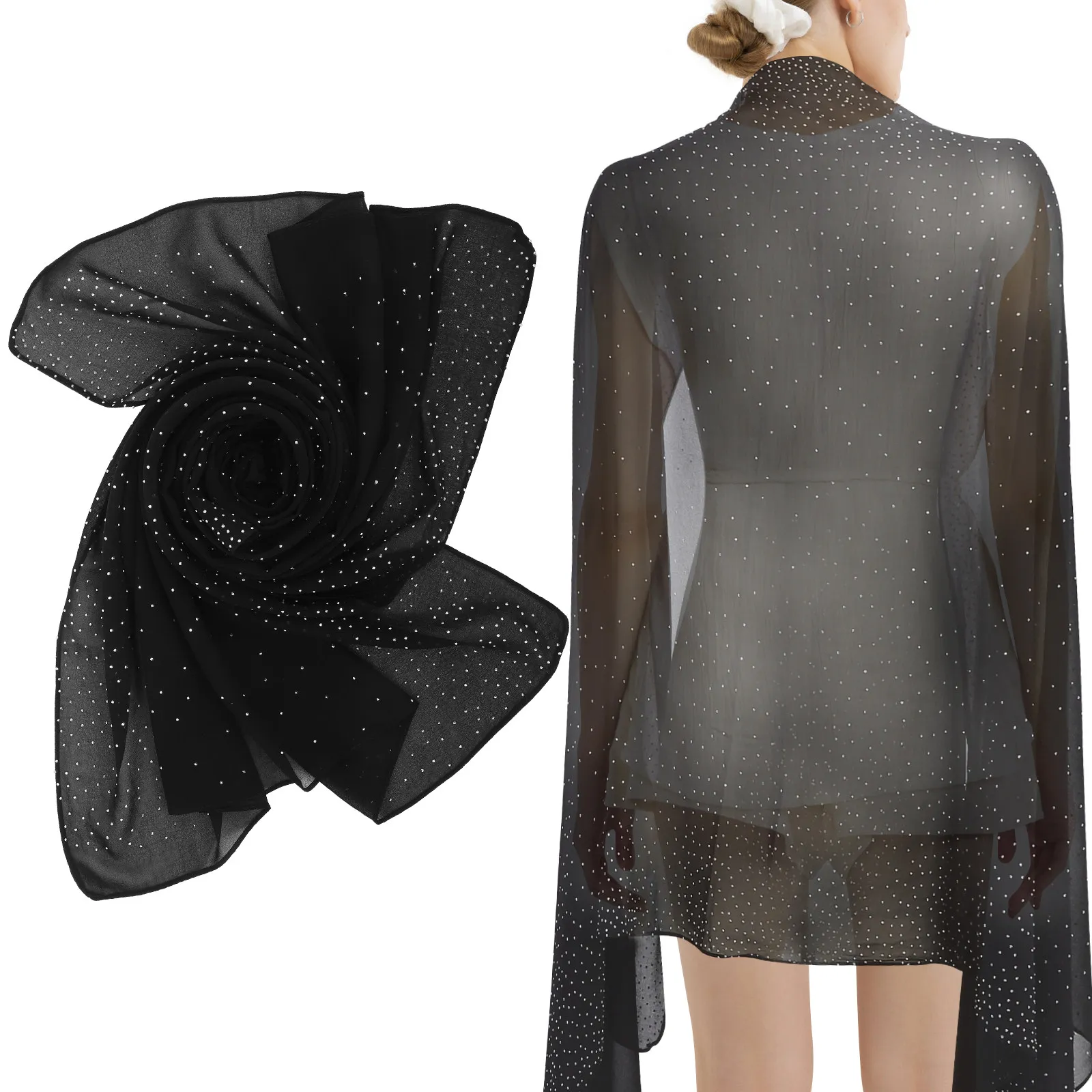 

Rhinestone Shawl Large Black Chiffon Wrap Wedding Evening Dress Cover Formal Party Wraps Women Sparkly Shawls and Wraps