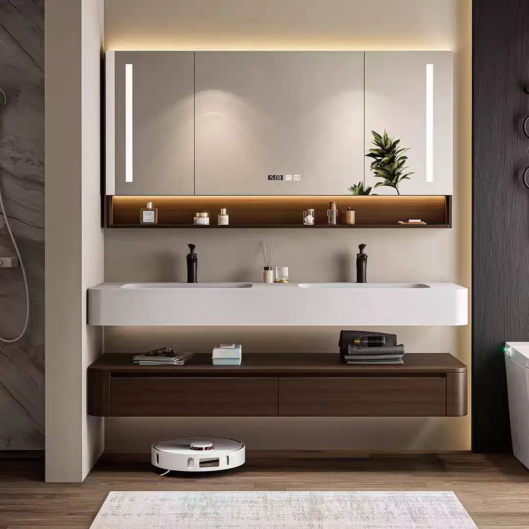 

Corian integrated basin Italian wabi-sabi bathroom cabinet combination oak bathroom washstand