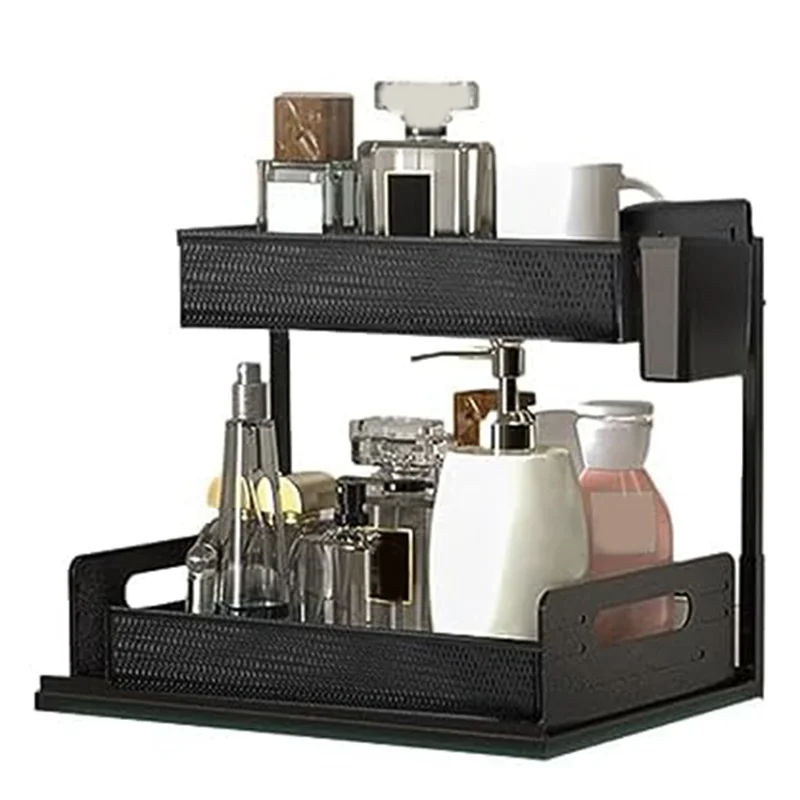 

A20F-Organizers , Bathroom Organizers Under Cabinet Storage, 2 Tier Counter Storage With Drawer Hooks Cups Durable