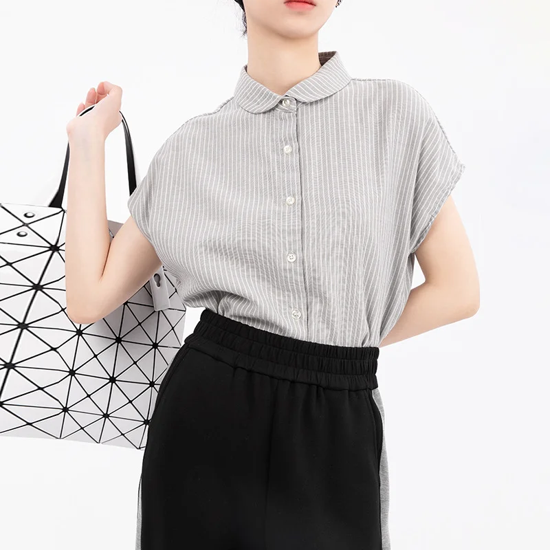 

Double-layer Cotton Yarn Blouses Women Stripe Short-sleeved Summer Tops Turn Down Collar Classic Shirts Raglan Lattice Slim Fit