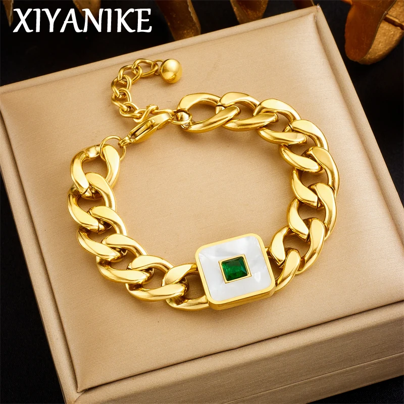 XIYANIKE 316L Stainless Steel Square High Quality Green Zircon Bracelet Women Gold Color Fashion Punk Thick Chain Bangle Jewelry