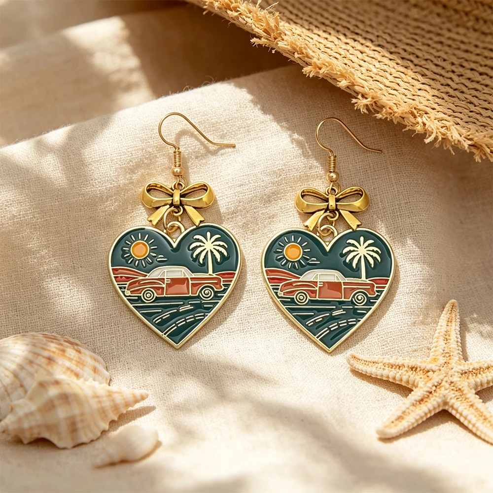 European and American Style Heart-Shaped Landscape Enamel Drop Earrings, Gold Alloy Bowknot Vintage Highway Car Pattern Women's Earrings