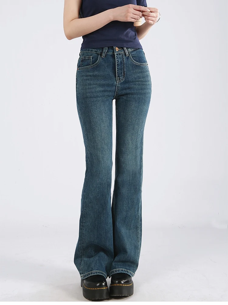 

Джинсы-колокольчики с высокой талией в стиле ретро, женские утягивающие универсальные темно-синие джинсовые брюки, хлопковая эластичная ткань, всесезонные