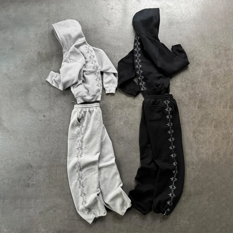 Y2K 2 قطعة مجموعة الرجال الملابس القطن زمم هوديي البلوز الرجال النساء خمر Harajuku الهيب هوب إلكتروني طباعة الأزياء 2 قطعة مجموعة #1