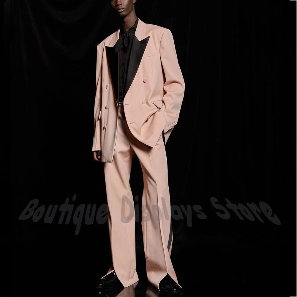 Men Tuxedo Suit Set Double Breasted Satin Lapel Blazer Split Hem Wide Leg Pants Stylish Look Party Event Smart Casual Outfit