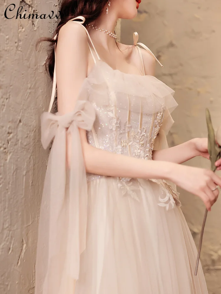 

Fashion Sleeveless High Waist Women's Sling Dress 2023 Autumn Winter Champagne Evening Dress Birthday Fairy Princess Dress