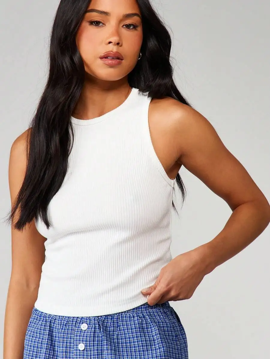 

Ribbed Sleeveless Tank Top And Plaid Boxer Shorts Lounge Set For Women