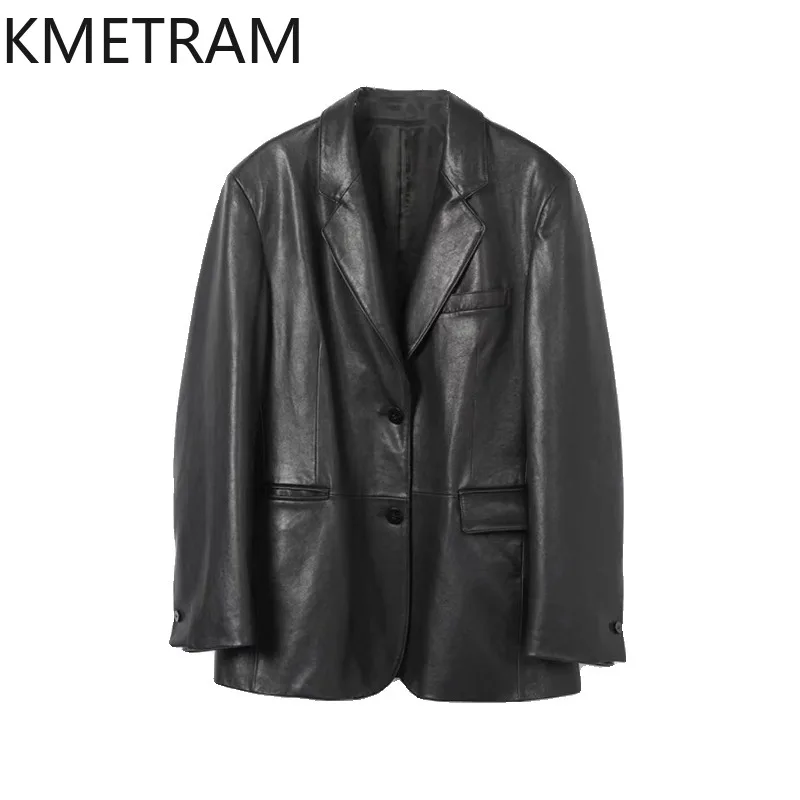 KMETRAM Genuine Leather Jacket Woman Black Blazers Fully Tanned Sheepskin Leather Coat Mid Length Jackets of Woman Blazer Femme