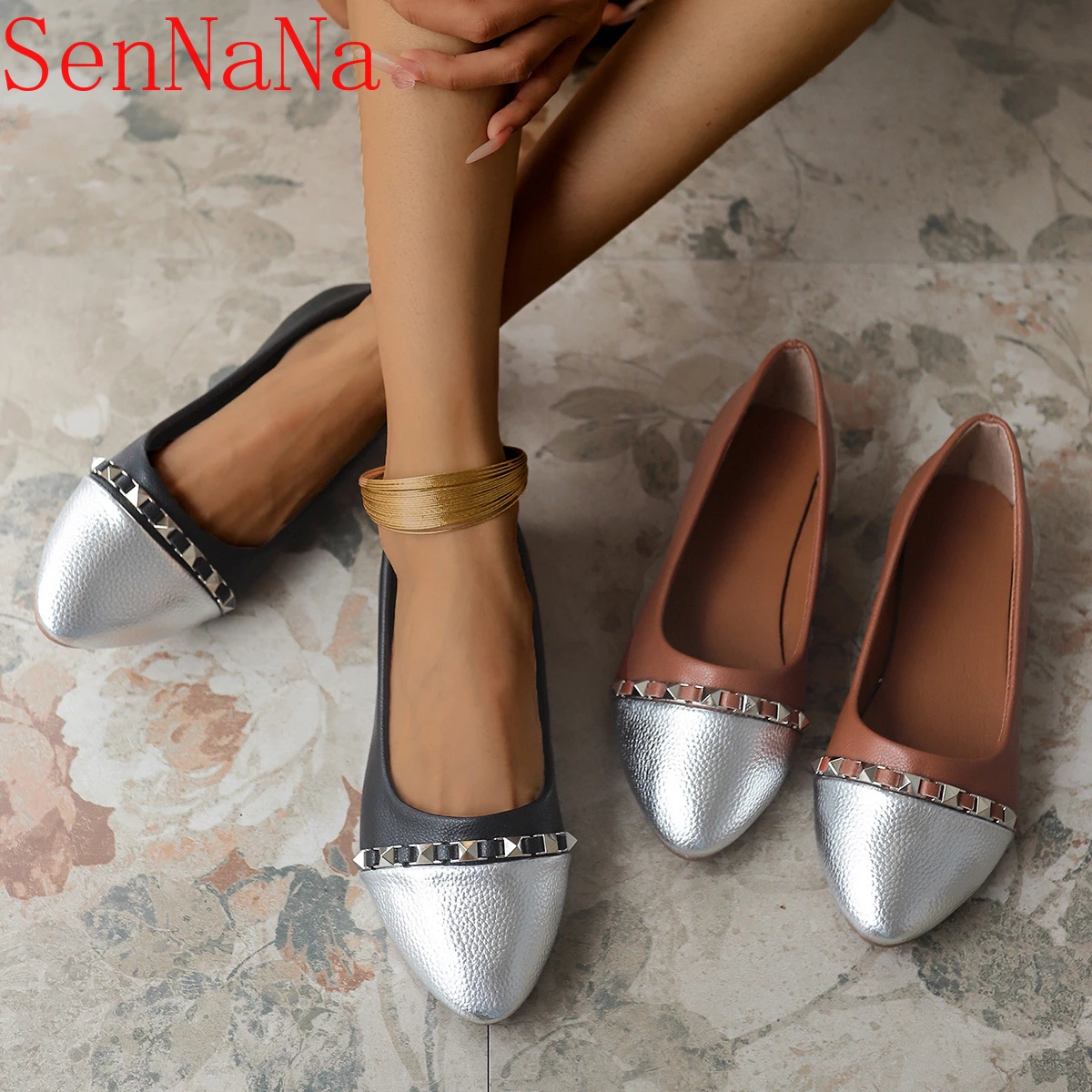 Flat Rivet Pointed Toe Women's Shoes 2024 Spring and Autumn Fashion Simple Flat Shoes