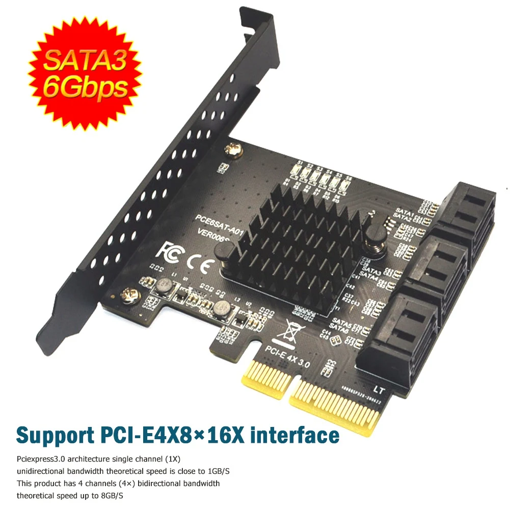 6Gbps SATA 3.0 to PCI-E 1X Controller Card 6 Ports SATAIII PCIe Expansion Card PCI Express Adapter Converter