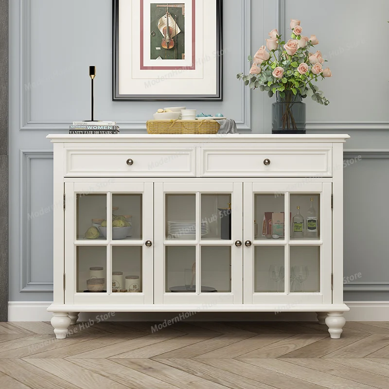 

American all-solid wood dining side cabinet, household wine cabinet, tea cabinet, living room storage locker, light luxury white