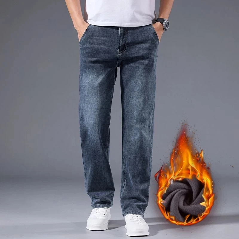 Winter Fleece Men Jeans Thick Stretch Business Casual Trousers Classic Loose Straight Warm Velvet Denim Pants Office Daily Wear