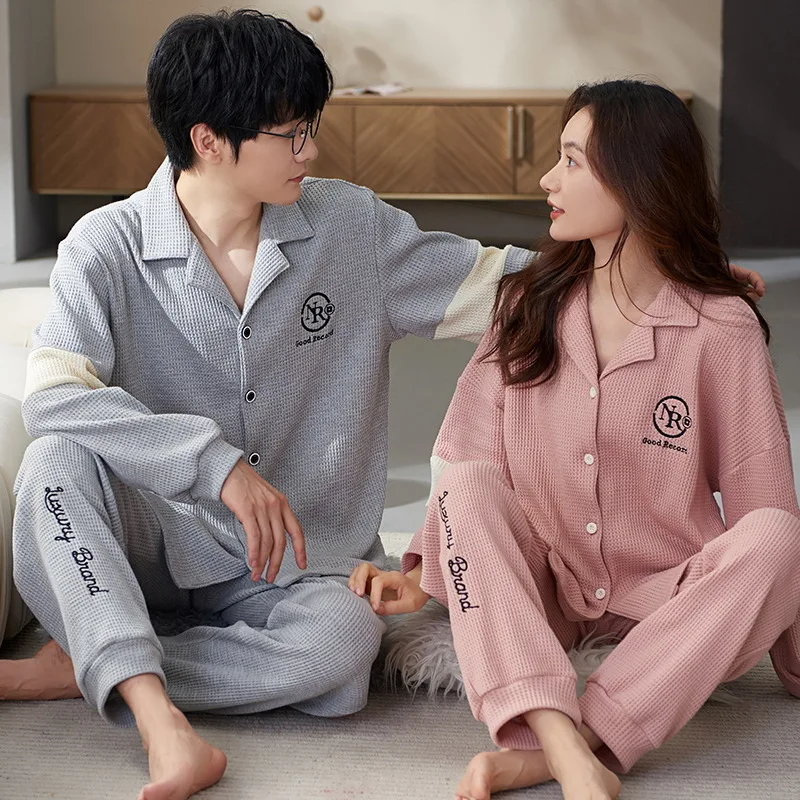 

Couples Cotton Waffle Nightwear Korean Fashion Cardigan Home Clothes Women and Men Matching Pajamas Set Pijamas Mujer Hombre