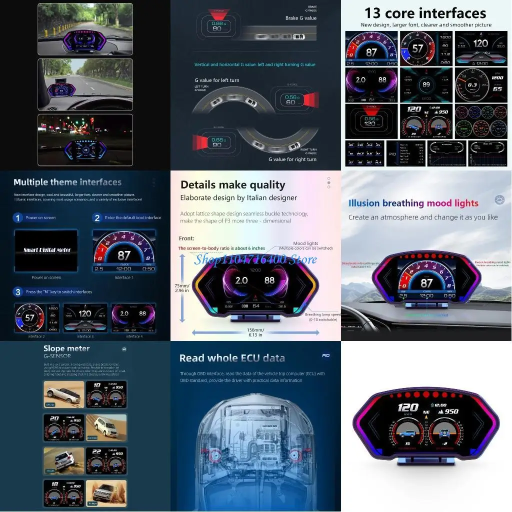 

y1gd HUD Car Head Up Display Speedometer Digital Gauges Auto Fatigue Driving Reminder