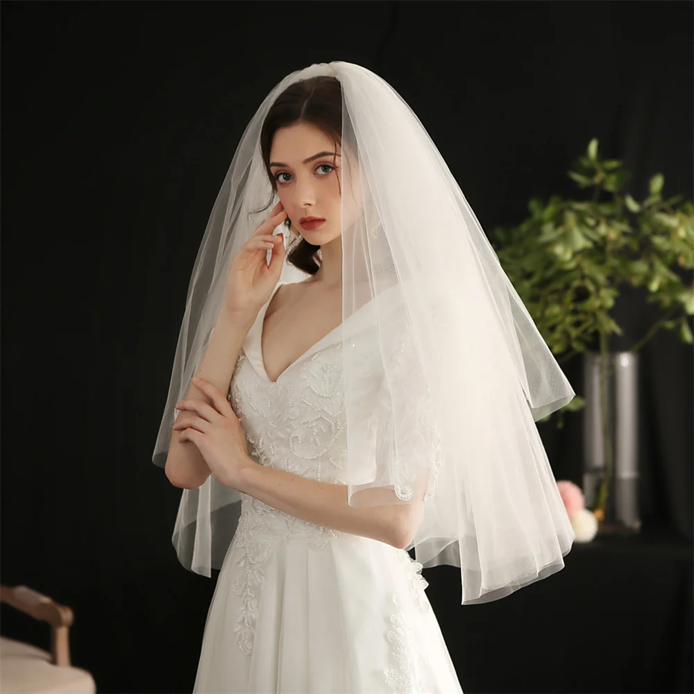 

Limit Discounts White Ivory Wedding Veil 2 Tiers Ribbon Edge Center Cascade Bridal Veil with Comb for Bachelorette Party