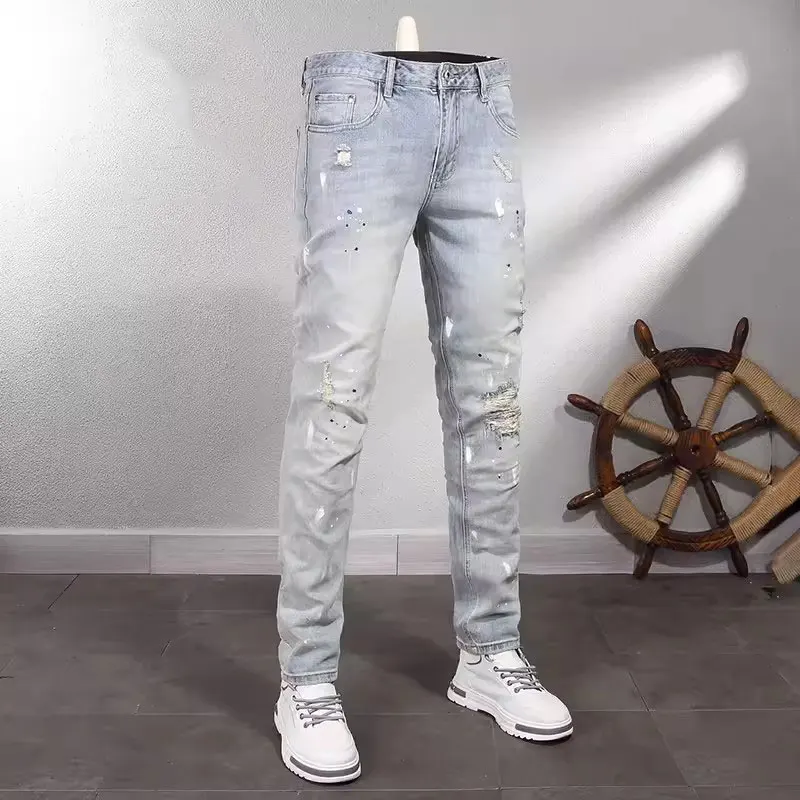Street Fashion Men Jeans Retro Light Blue Elastic Stretch Skinny Ripped Jeans Men Painted Designer Vintage Denim Pants Hombre