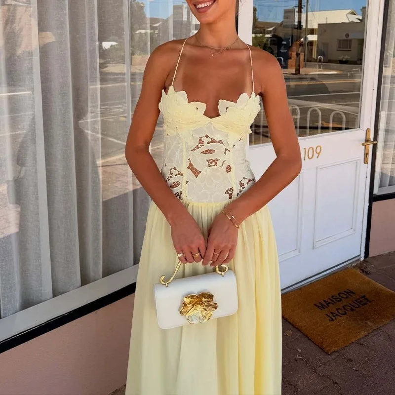 Floral Cutout Strapless Tulle Dress Sheer Panel Sleeveless 2026 Spring Elegant Women Vacation Skirt Fashion Retro Lady Vestido