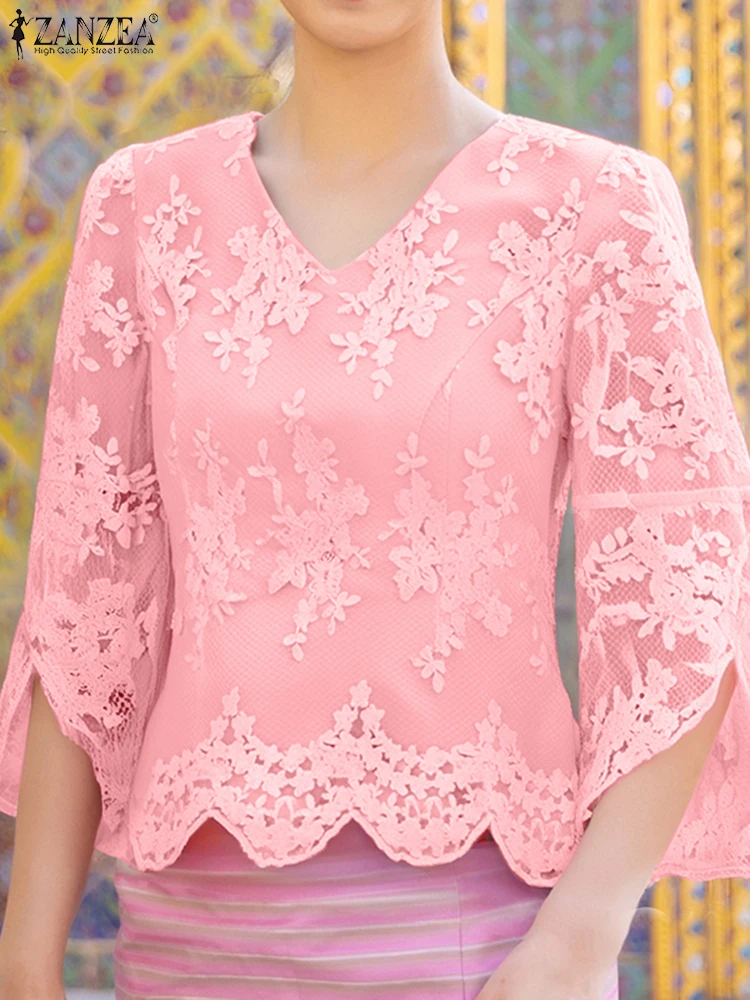 

ZANZEA Fashion Lace Blouse Hollow Out Summer Tops Women Casual Flare Sleeve Tunics 2025 Vintage Solid Color Blusas Oversized