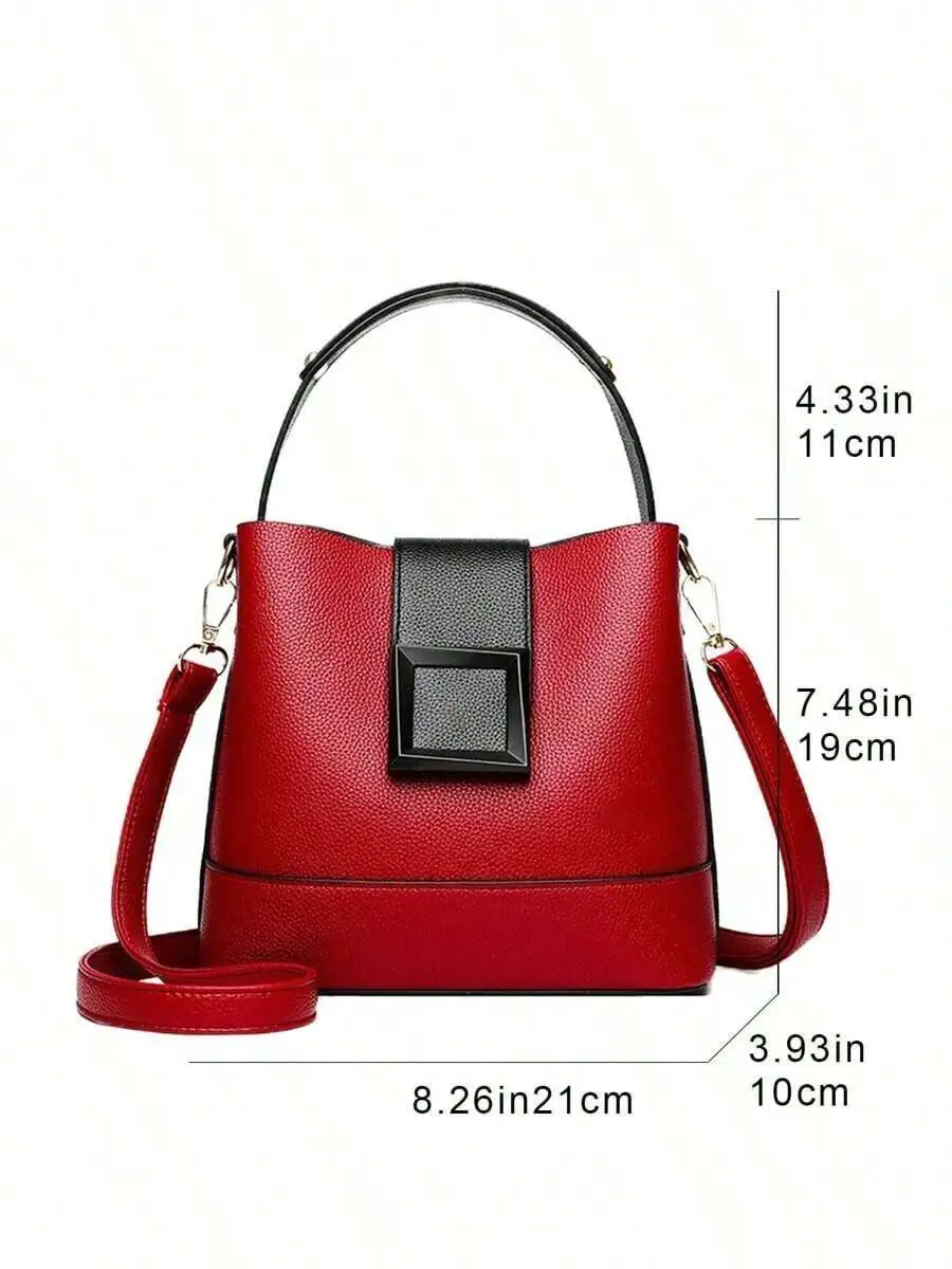 

Red Black Colorblock Bucket Bag With Top Handle And Detachable Crossbody Strap PU Leather Casual Party Handbag