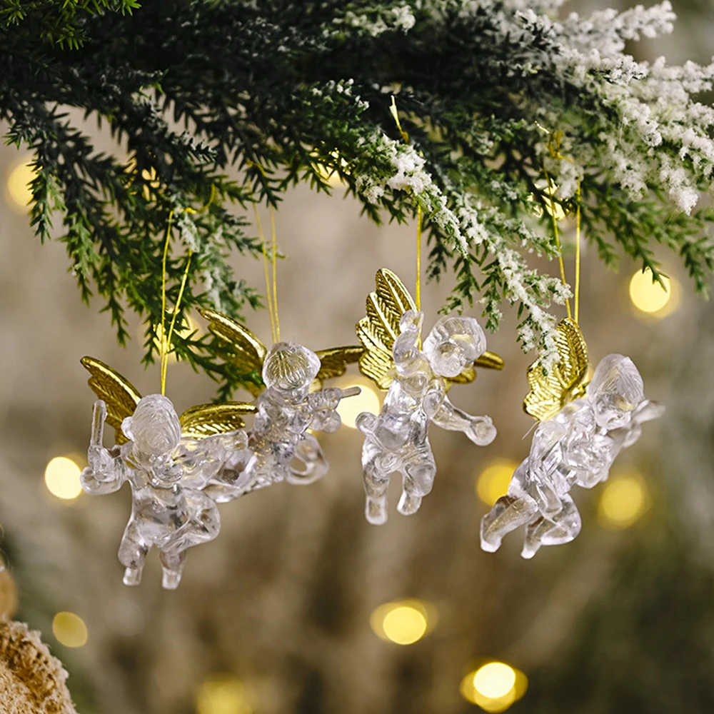 Anjo pingente transparente com asas de ouro, ornamento de Natal, presente da decoração do Natal, 4pcs, 2024