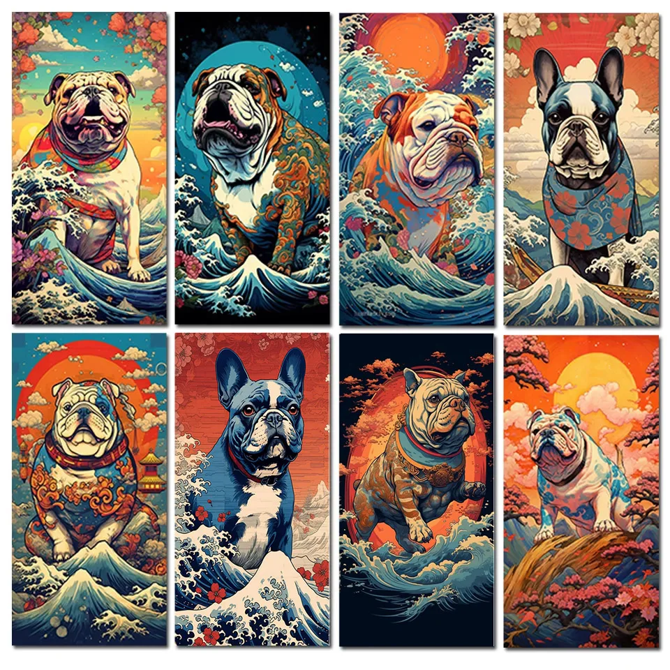 Large Kanagawa Flying Bulldog Diamond Mosaic New Full Drill Embroidery Cross Stitch Kits Landscape Dog Home Decor Gift  FF1459